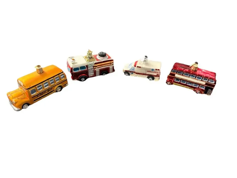 Old World Christmas Glass Ornaments School Bus Fire Truck Ambulance Double Bus
